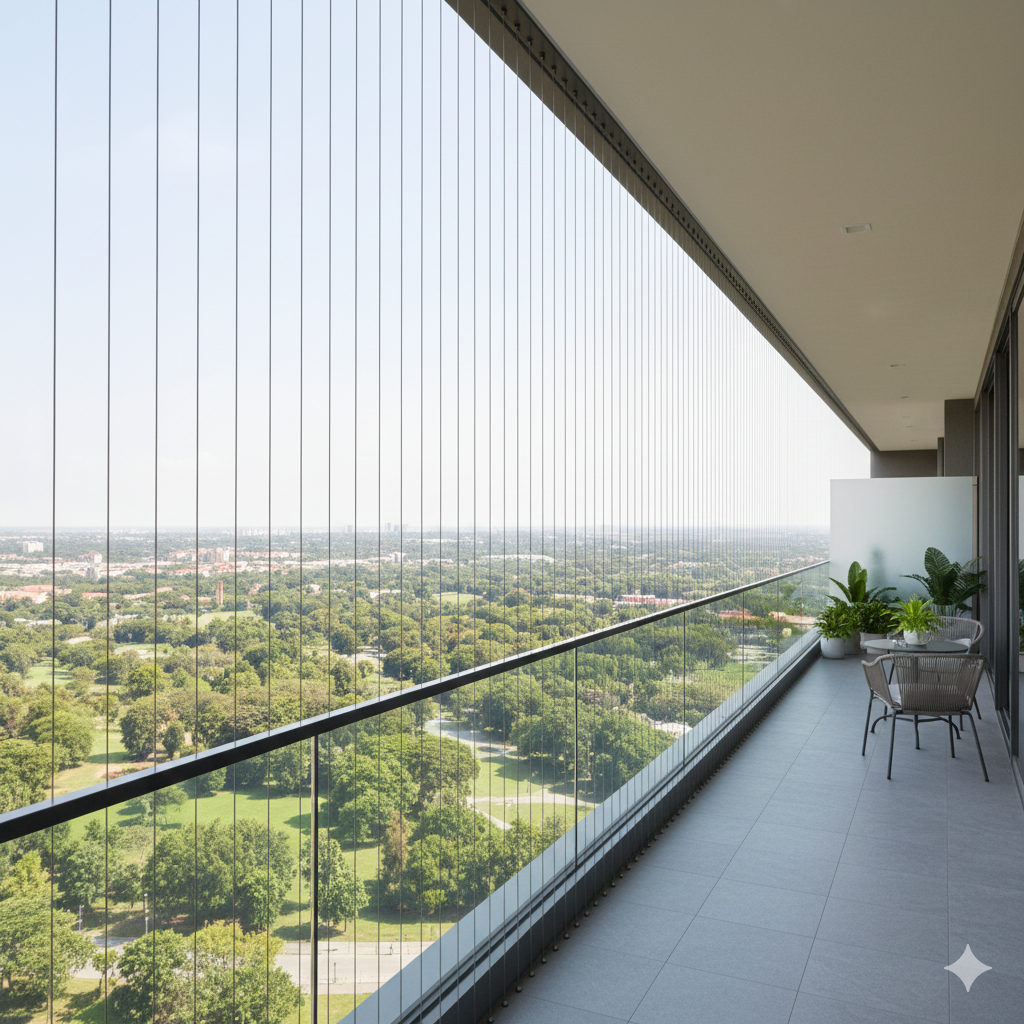 Modern balcony with invisible grill and hanging egg chair